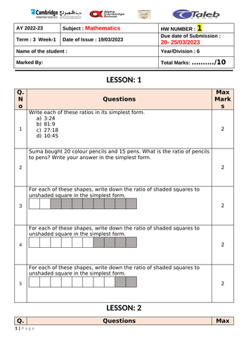 Worksheet on Ratio and proportion