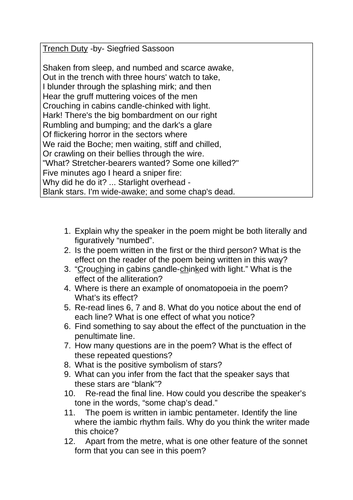 War Poetry KS3 KS4 Sassoon "Trench Duty" CRR Comprehension Guided reading HW Cover