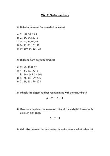 Ordering Numbers Year 2 Classroom Secrets