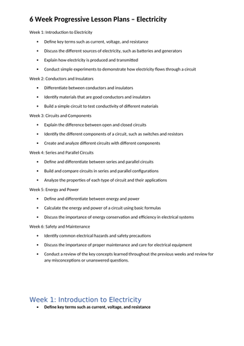 Year 6 - 6 Week Progressive Planner Science - Electricity