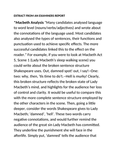 LADY MACBETH - SLEEPWALKING SCENE - including extracts from examiners report