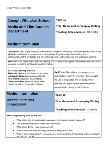 GCSE Film Studies Eduqas Screenplay Writing NEA Medium Term Plan