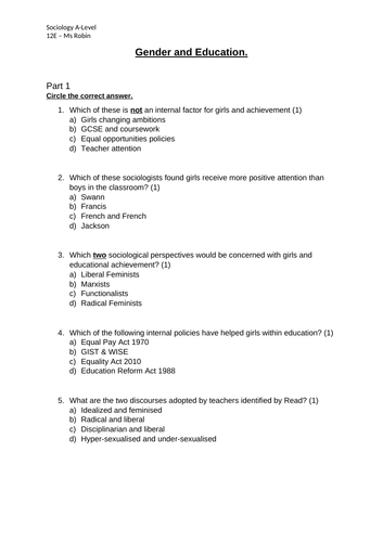 Gender & Education End of Topic Quiz AQA Sociology