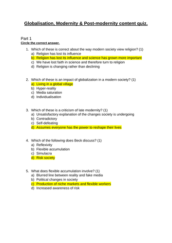 Postmodernity and Modernity End of Topic Quiz AQA Sociology