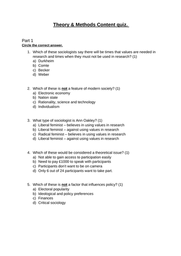 Theory and Methods End of Topic Quiz AQA Sociology