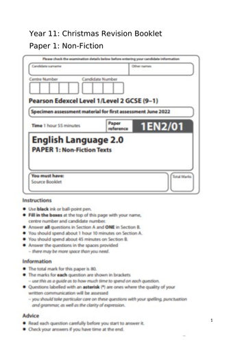 Edexcel Pearson LIFT 2.0 English Language Paper 1 Revision Booklet