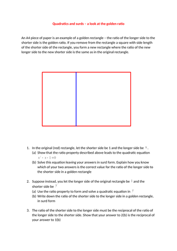 Quadratics and surds activity (the golden ratio)