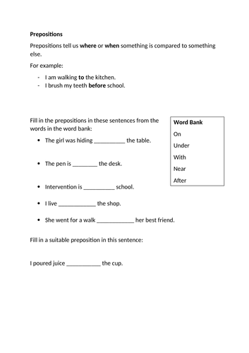 Prepositions Worksheet