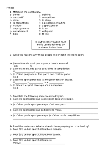 Year 8 - Introduction to Fitness - worksheet