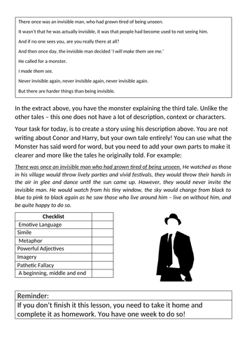 A Monster Calls - The Third Tale, creative writing/cover worksheet