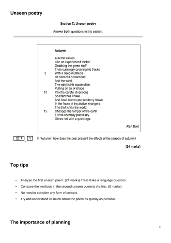 Unseen poetry walking talking mock (WTM) exam revision with student booklet and power point
