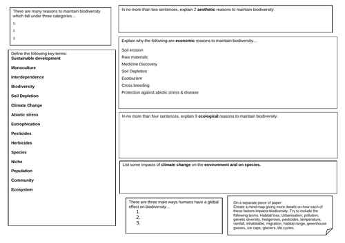 OCR A level Biology Biodiversity Revision worksheet
