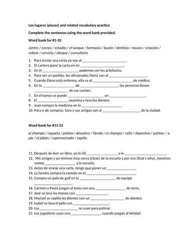 Los lugares and related vocabulary practice