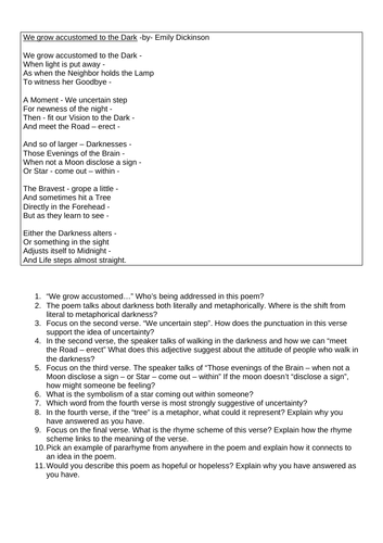 Unseen Poetry Emily Dickinson "We Grow Accustomed to the Dark" CRR Comprehension Guided Reading HW