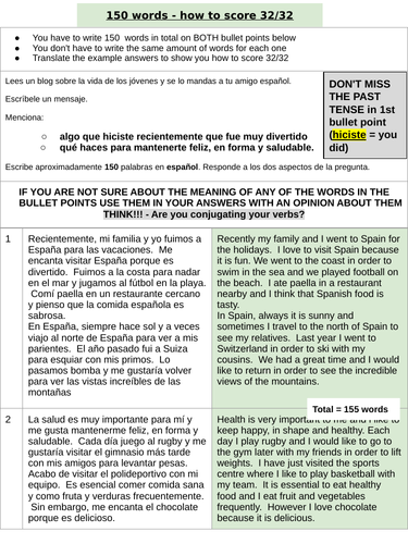 GCSE Spanish Writing Higher - 150 words examples