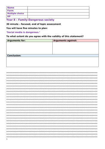 KS3 PSHE assessment-dangers of social media