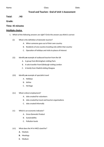 IGCSE Travel and Tourism - Unit 1 Assessment