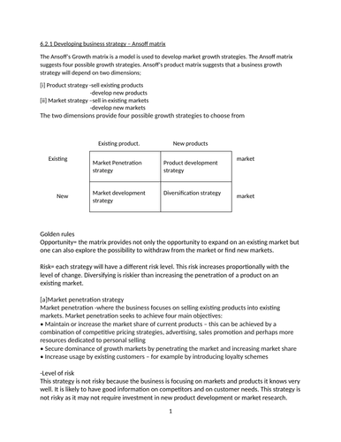 6.2.1 Developing business strategy – Ansoff matrix