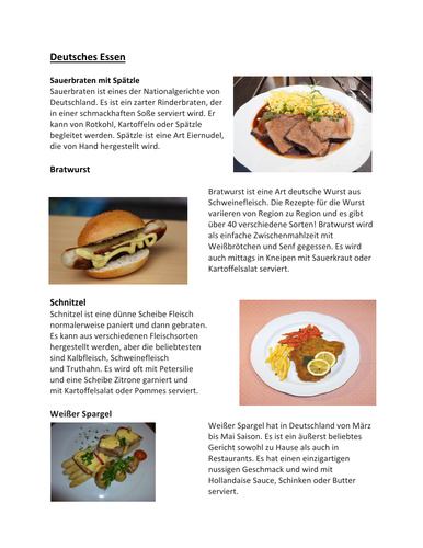 German Food Reading: Deutsches Essen Text (Schnitzel/Bratwurst/Sauerbraten)