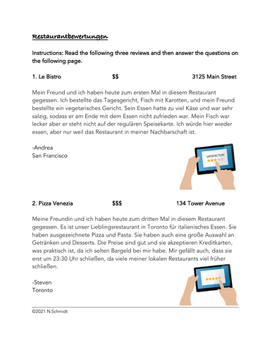 German Restaurant Reviews Reading + Writing Assignment: Bewertungen