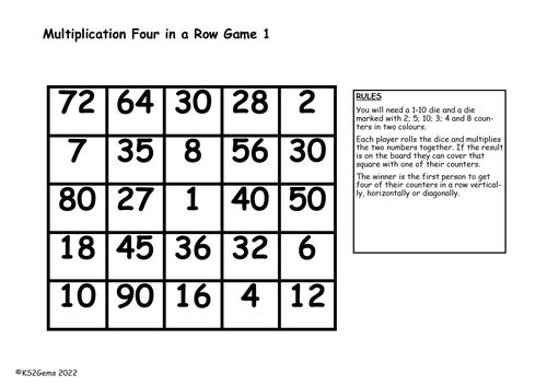 Y3 Multiplication Facts Four in a Row Game