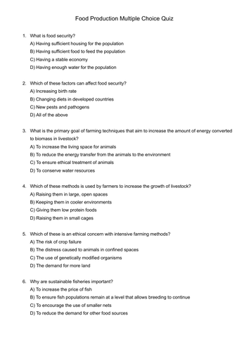 Food Production Multiple Choice Quiz - GCSE AQA Biology with Mark Scheme