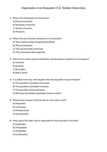 Organisation of an Ecosystem Multiple Choice Quiz - AQA GCSE Biology with Mark Scheme