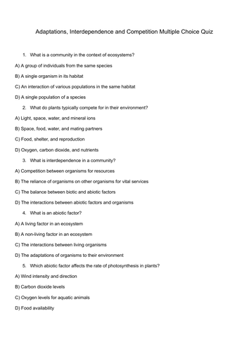 Adaptations, Interdependence, and Competition Multiple Choice Quiz - AQA GCSE Biology Mark Scheme