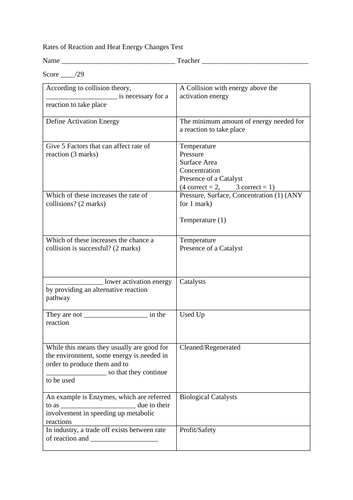 GCSE Chemistry Test - Rates of Reaction and Heat Energy Changes