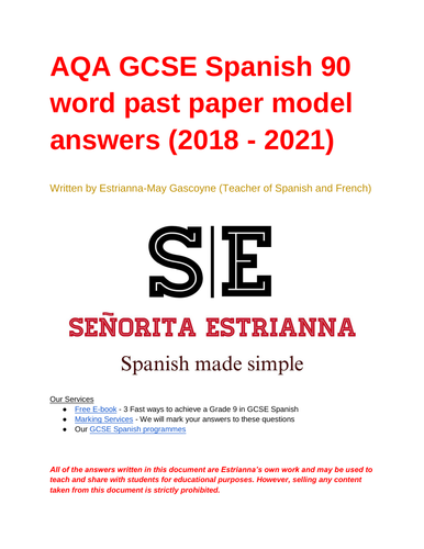 AQA GCSE Spanish 90 word past paper model answers (2018 - 2021)