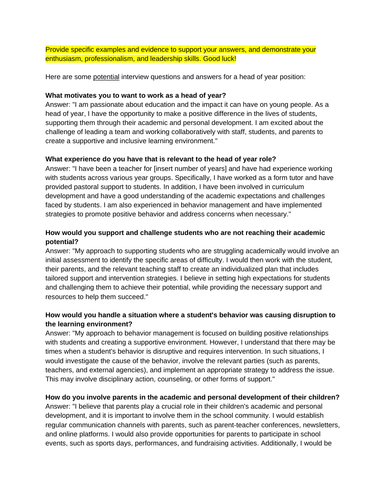 Head of year interview questions with possible answers+safeguarding questions