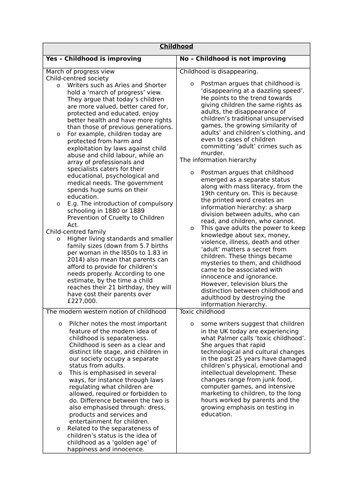 A LEVEL SOCIOLOGY, FAMILIES - CHILDHOOD HANDOUT