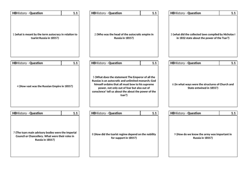 AQA History A level Tsarist and Communist Russia Complete AS Revision Cards