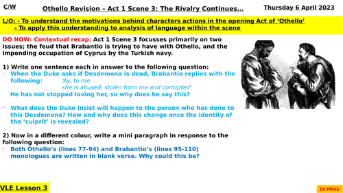 Othello Act 1 Scene 3 Revision (Independent Learning)
