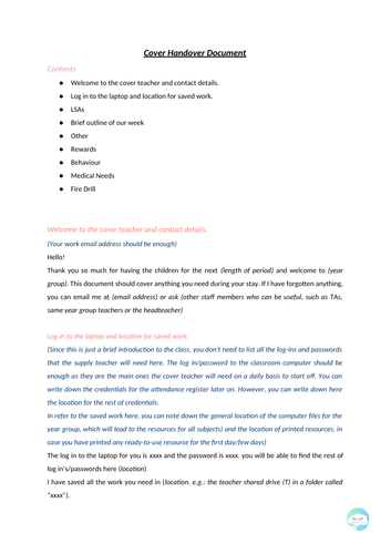 Cover Handover Document – Editable Template for Supply/Cover Teachers