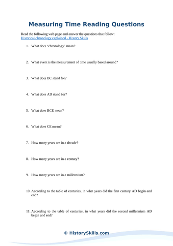 Historical Chronology (AD, BC, CE, BCE, centuries, decades, etc.) Reading Comprehension Worksheet