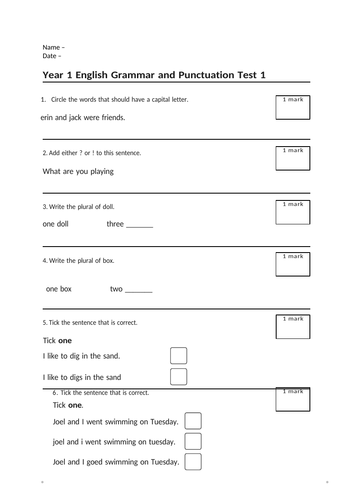 Year 1 English Grammar And Punctuation Test Teaching Resources