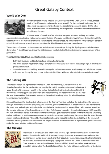 The Great Gatsby Context Sheet
