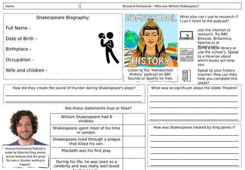 KS3 Stuarts Homework (Great Fire of London, Shakespeare and Pocahontas)