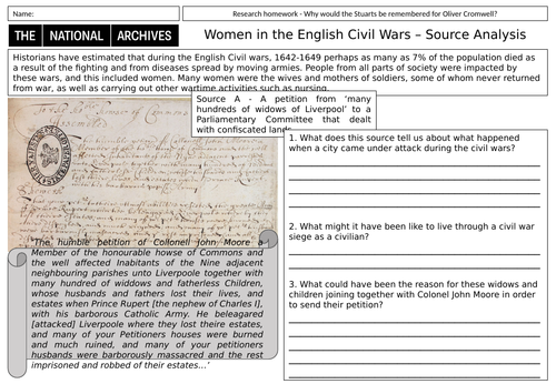 KS3 English Civil War -The Role of Women