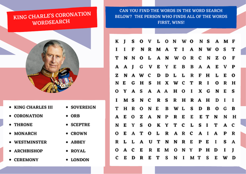 The King's Coronation Royal Family Word Search Game