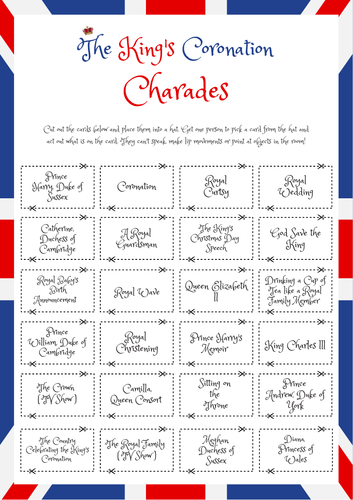 The King's Coronation Royal Charades Group Game X24 Cards. Fun Classroom Game