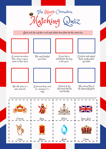 The King's Coronation Kid's Matching Quiz Game. Fun Royal Family Activity.