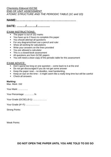 Edexcel IGCSE Chemistry Topic Test: Atomic Structure and The Periodic Table