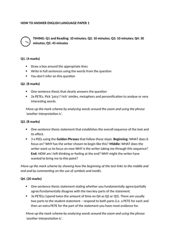 AQA Language Paper 1 and 2 crib sheets / help sheets ESSENTIAL REVISION