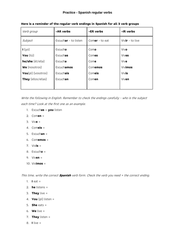 Spanish Regular Verb Practice