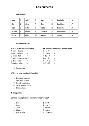 Los Numeros 1-20 Spanish numbers