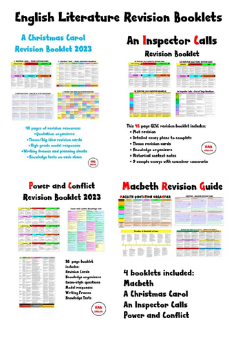 Literature Revision Booklets - Macbeth, A Christmas Carol, An Inspector Calls, Power and Conflict