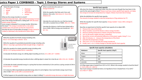 AQA Combined Science Physics Paper 1 Revision mats with answers