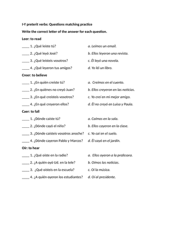 I-Y preterit verbs: Questions matching practice